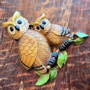 Vintage Homco 1975 Wall Hanging Owls On Branches Hand-Painted Resin Decor Owl Sc